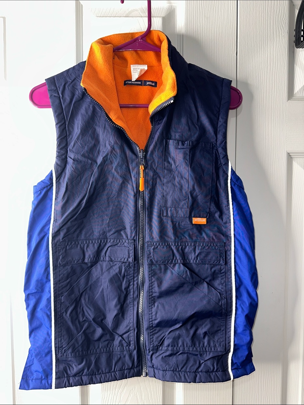 Men's Quilted Navy Vest with Orange Fleece Collar -Unisex
